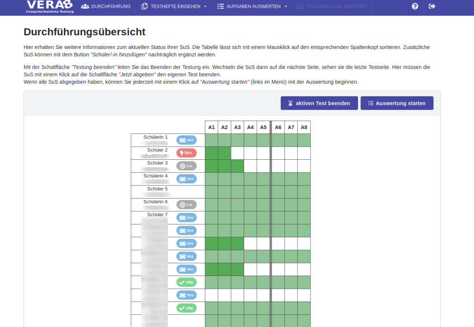 Lehrkraftoberfläche VERA8 CBT